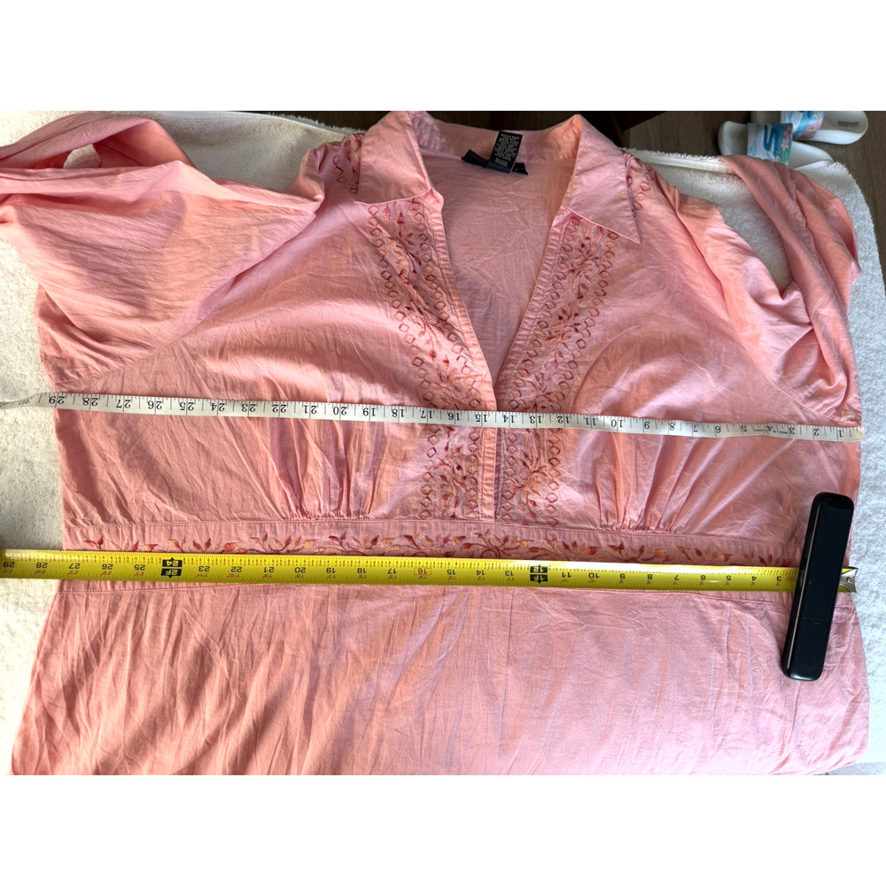 Coral Pink V neck Embroidered Chic lagenlook cotton top tunic Cotton size-26 - Picture 8 of 9
